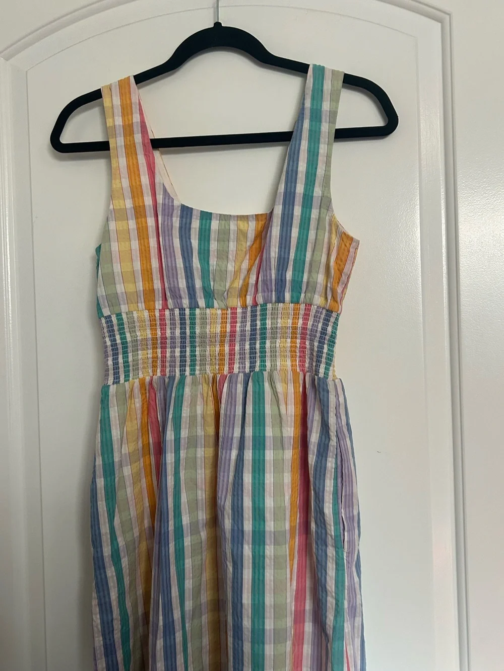 JCrew rainbow gingham Square-neck Midi Dress Size 6 Chic Cottagecore Preppy Boho